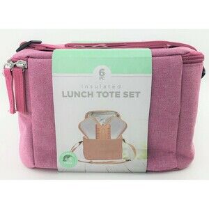 Pink Insulated Soft Cooler Lunch Tote Bag 6pc Set Ice Pack Containers Adj Strap
